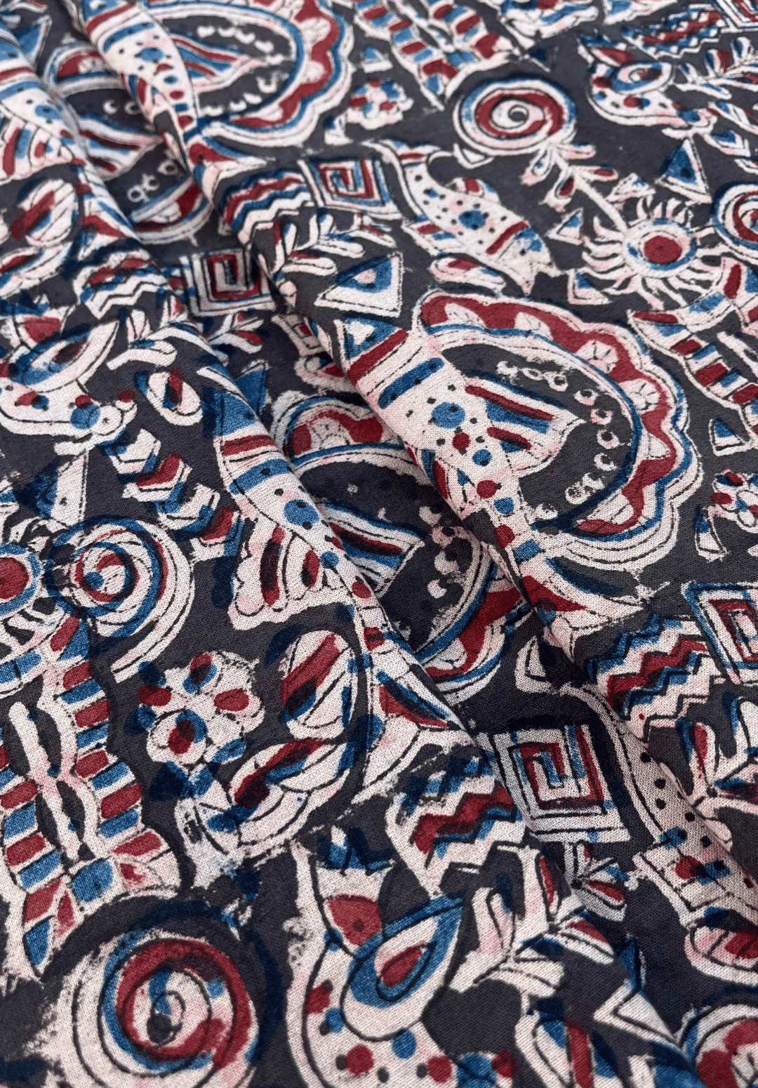 Fade Black & Red Traditional Kalamkari Fabric with Folk Art Motifs