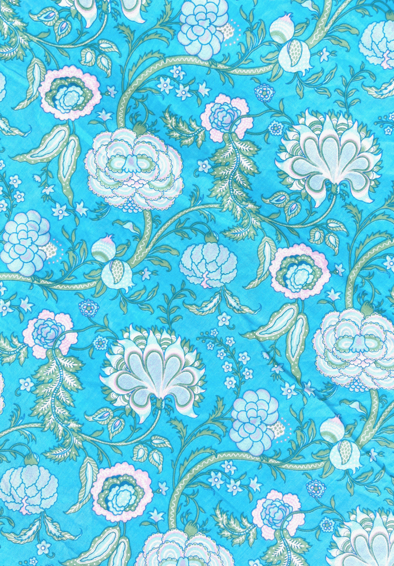 Mint & Lavender Floral Symphony on Aqua Blue Cotton
