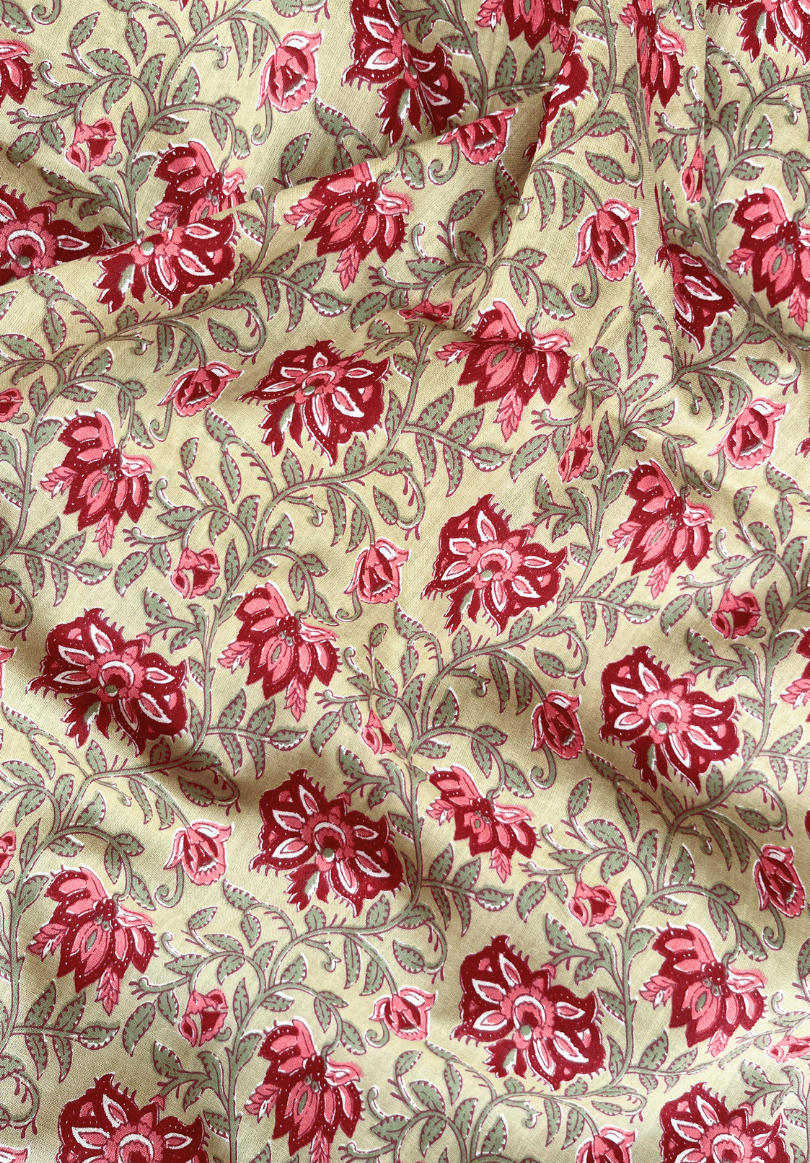 Indian Blossom Trail on Beige with Red & Pink Florals