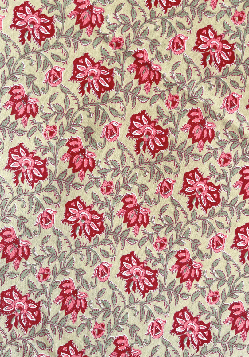 Indian Blossom Trail on Beige with Red & Pink Florals