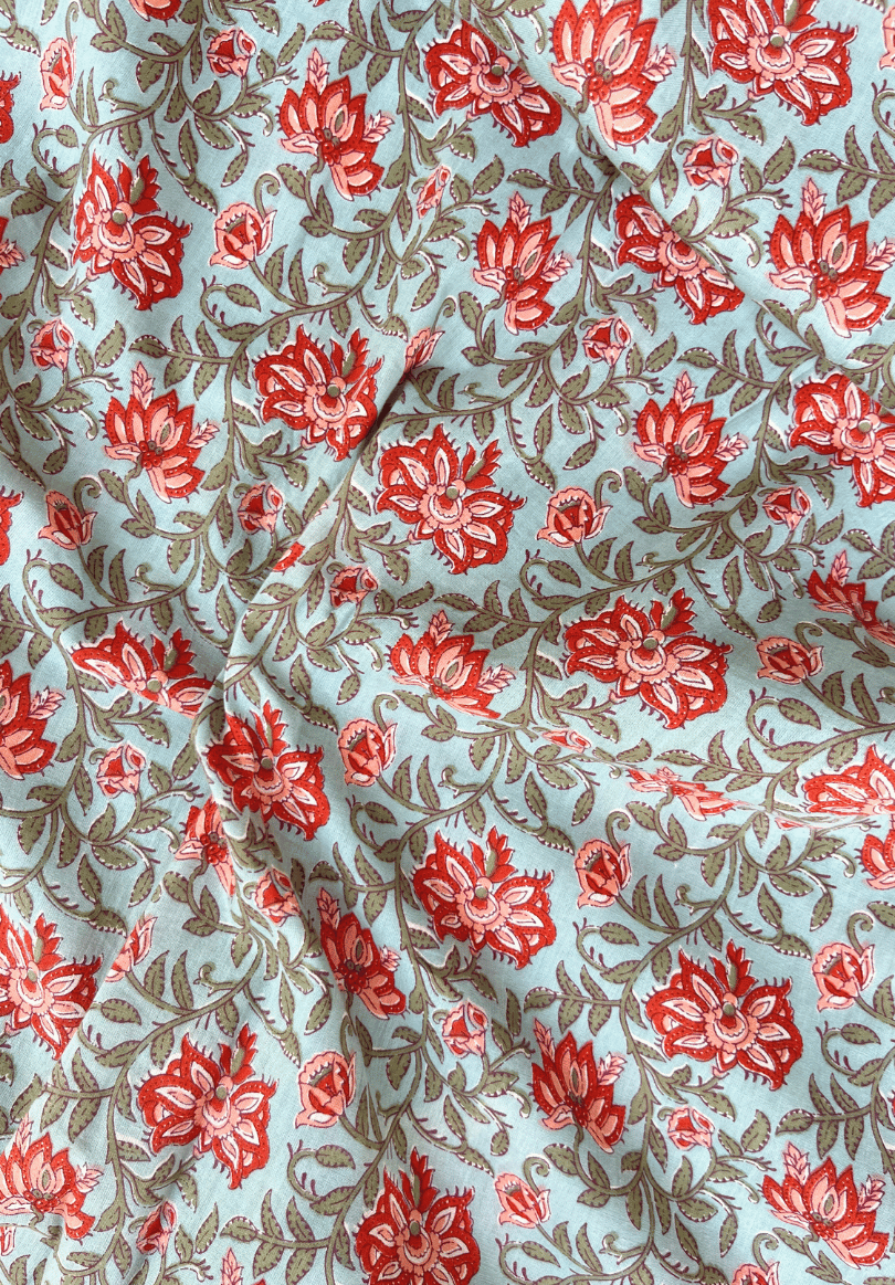 Floral Whisper – Light Teal Cotton with Delicate Blooms