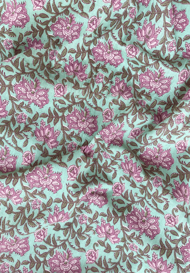 Floral Whisper on Light Teal Cotton with Delicate Pink Blooms