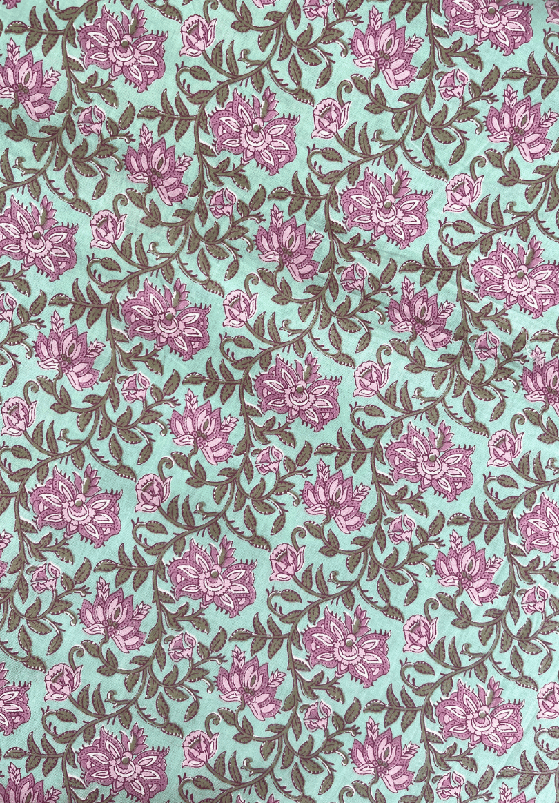 Floral Whisper on Light Teal Cotton with Delicate Pink Blooms