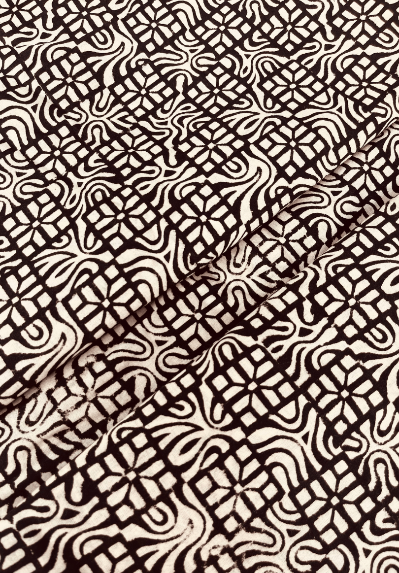 Artisan Cotton Fabric with Floral & Wave Pattern – Vintage Ethnic Style