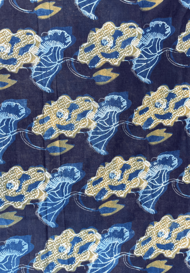 Vanaspati Print Cotton Fabric – Navy Blue, Mustard Yellow & White Floral Hand Block Design
