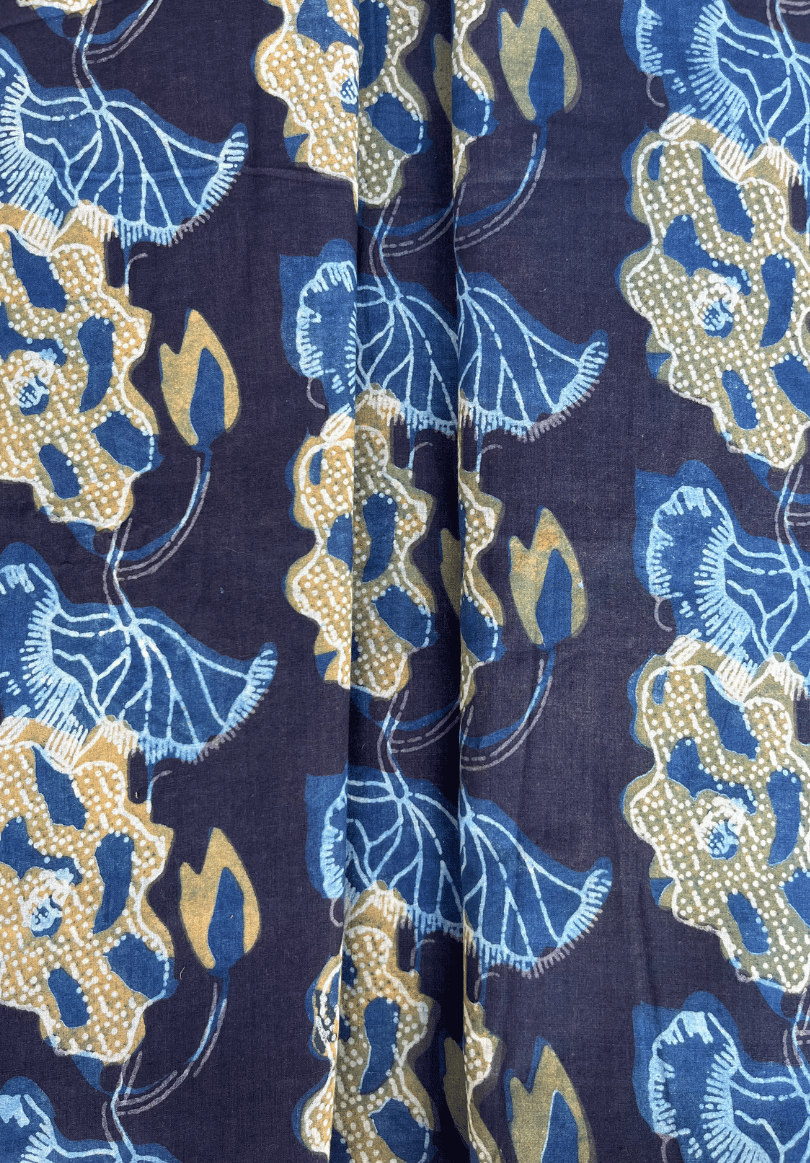 Vanaspati Print Cotton Fabric – Navy Blue, Mustard Yellow & White Floral Hand Block Design