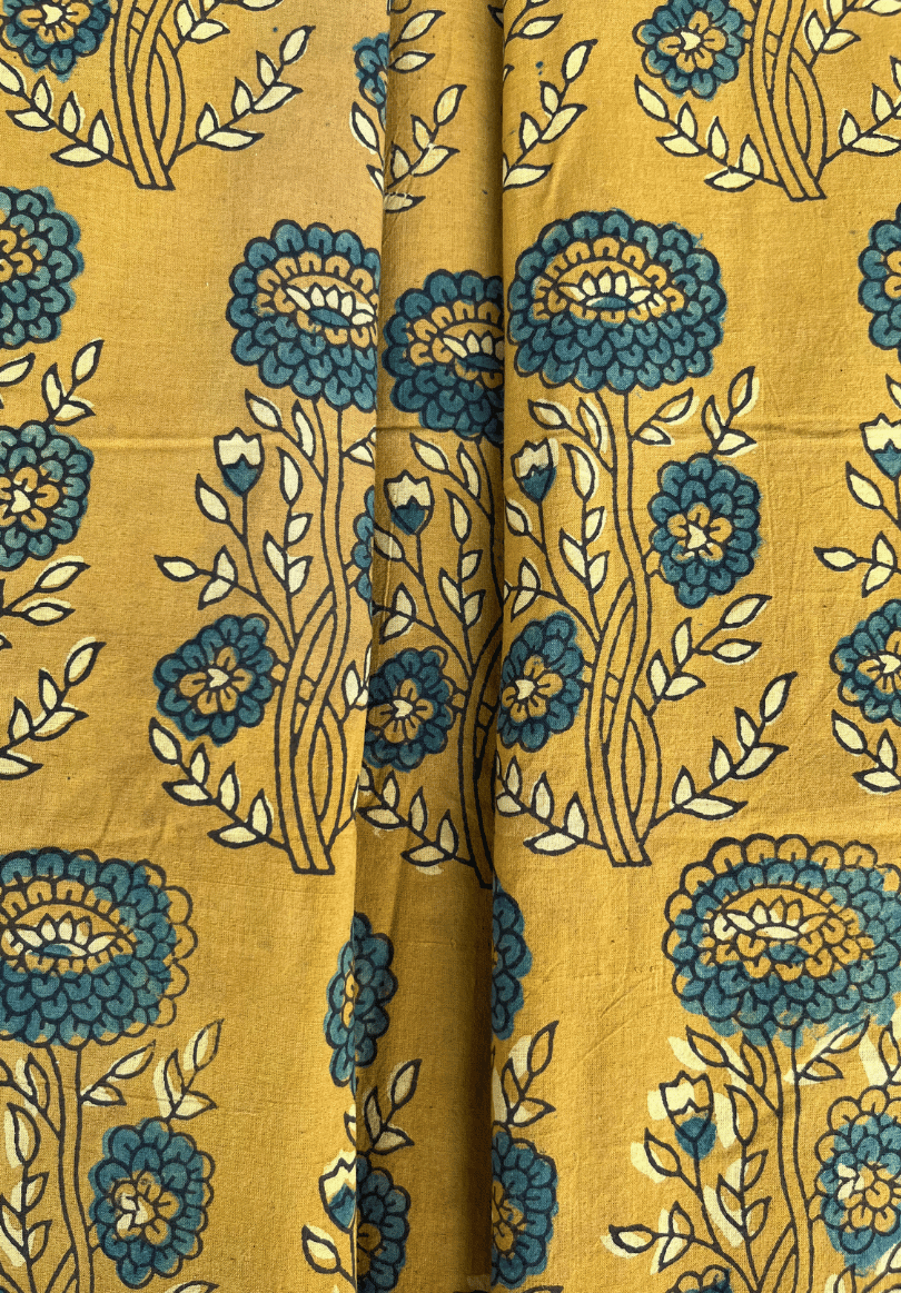 Ajrakh Cotton Fabric – Mustard Yellow Base with Traditional Floral Hand Block Print