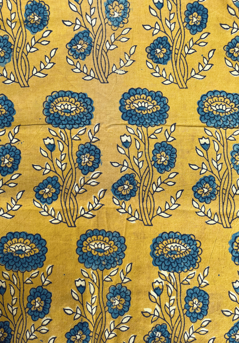 Ajrakh Cotton Fabric – Mustard Yellow Base with Traditional Floral Hand Block Print