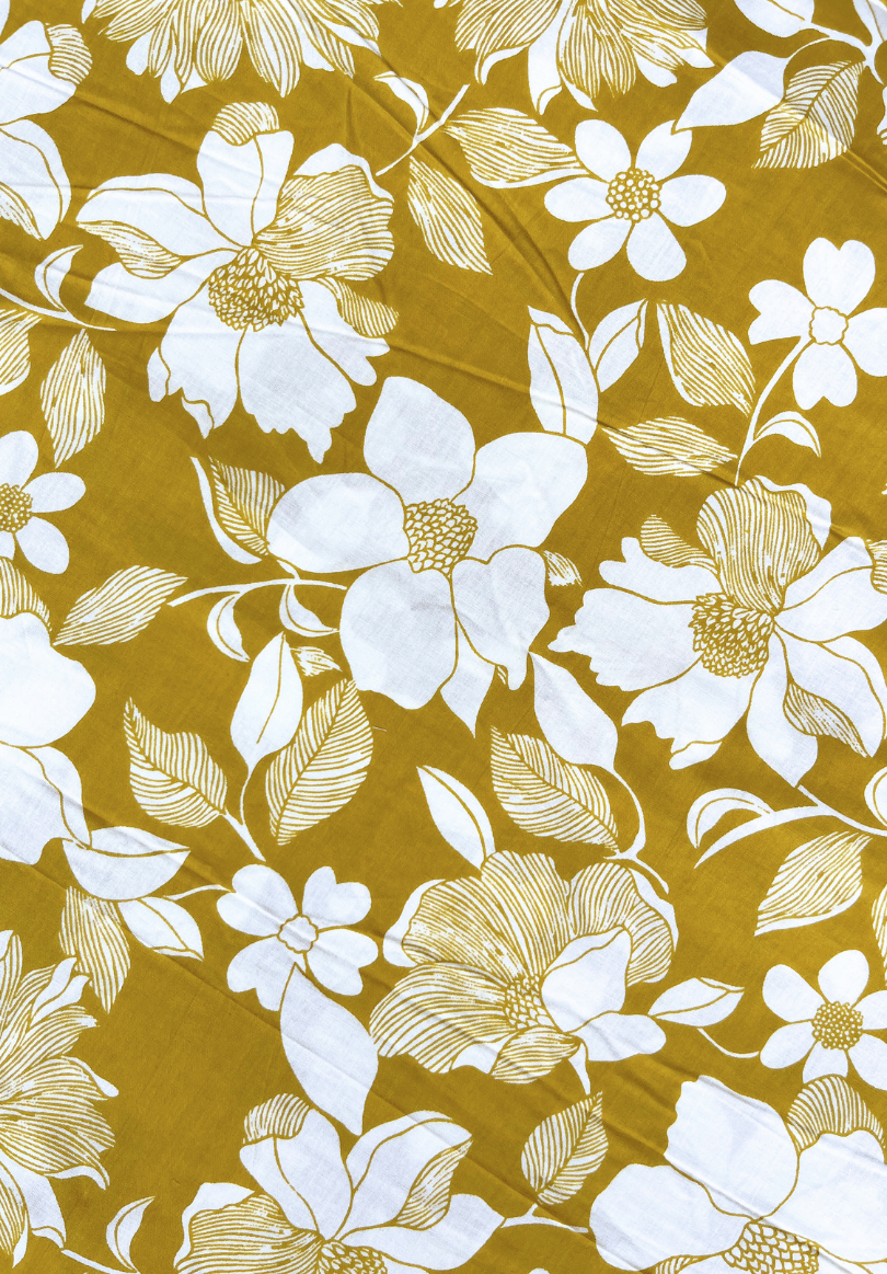 Mustard Yellow White Floral Screen Print Pure Cotton Fabric