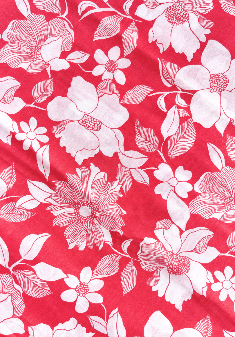 Dark Pink White Floral Screen Print Pure Cotton Fabric