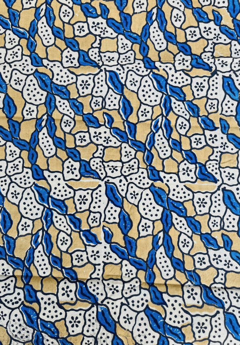 Soft Blue & Beige Ajrakh Cotton Fabric | Vintage Floral Block Print