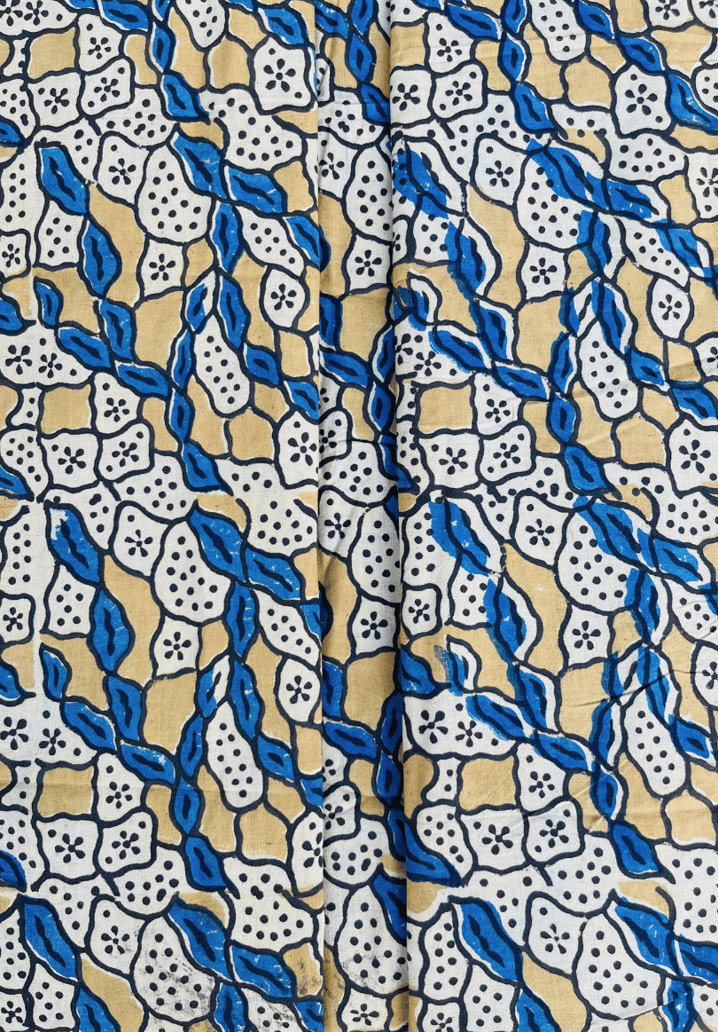 Soft Blue & Beige Ajrakh Cotton Fabric | Vintage Floral Block Print