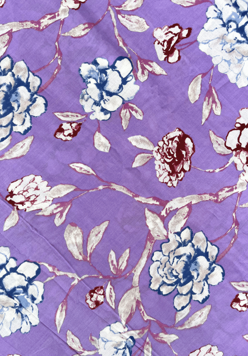 Lavender Blue & Maroon Floral Screen Print Pure Cotton Fabric