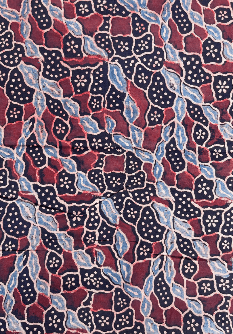 Soft Ajrakh Cotton Fabric | Fade Blue & Burgundy Ethnic Print