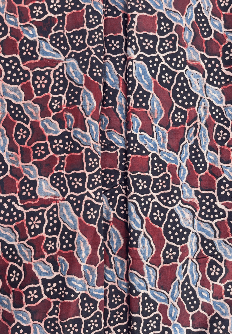 Soft Ajrakh Cotton Fabric | Fade Blue & Burgundy Ethnic Print