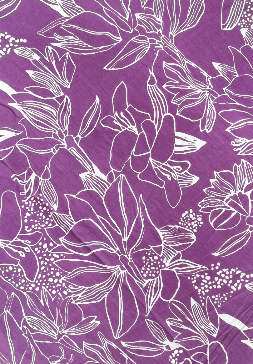 Purple & White Abstract Floral Line Art Screen Print Cotton Fabric