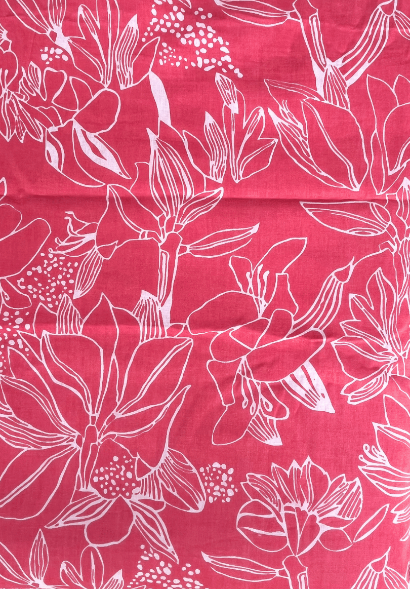 Red & White Abstract Floral Line Art Screen Print Cotton Fabric