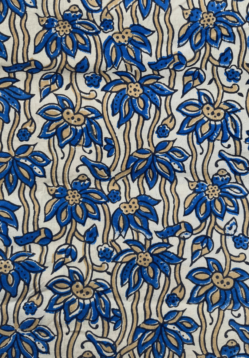 Handcrafted White & Blue Ajrakh Cotton Fabric | Traditional Floral Block Print