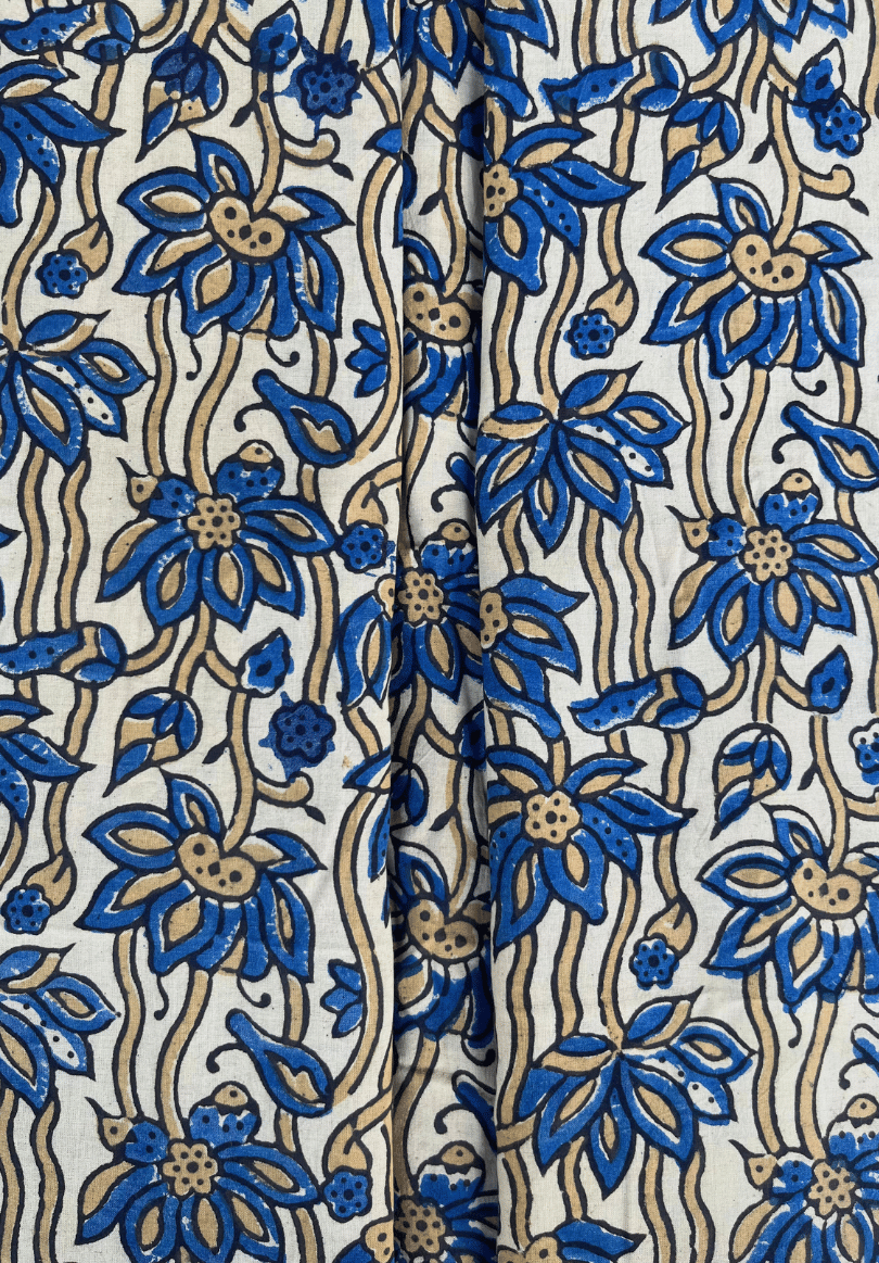 Handcrafted White & Blue Ajrakh Cotton Fabric | Traditional Floral Block Print