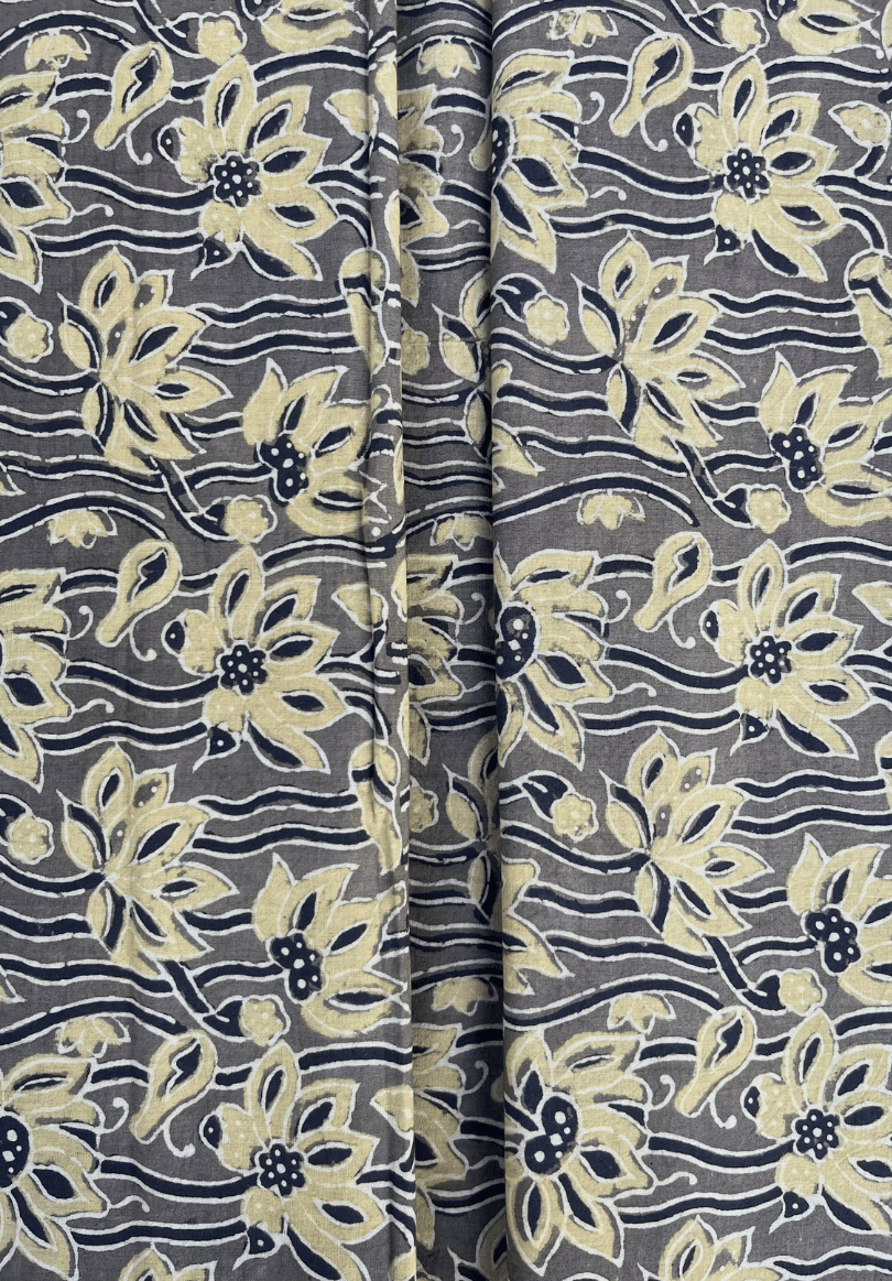 Handcrafted Grey & Lime Ajrakh Cotton Fabric | Traditional Floral Block Print