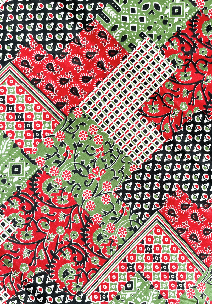 Multicolor Ajrak-Inspired Patch Print Cotton Fabric in Red, Green & Black