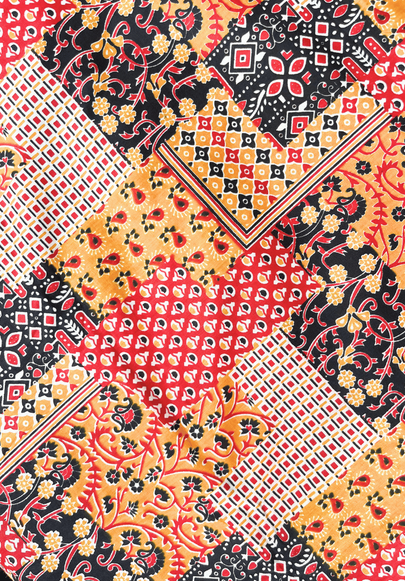 Multicolor Ajrak-Inspired Patch Print Cotton Fabric in Red, Yellow & Black