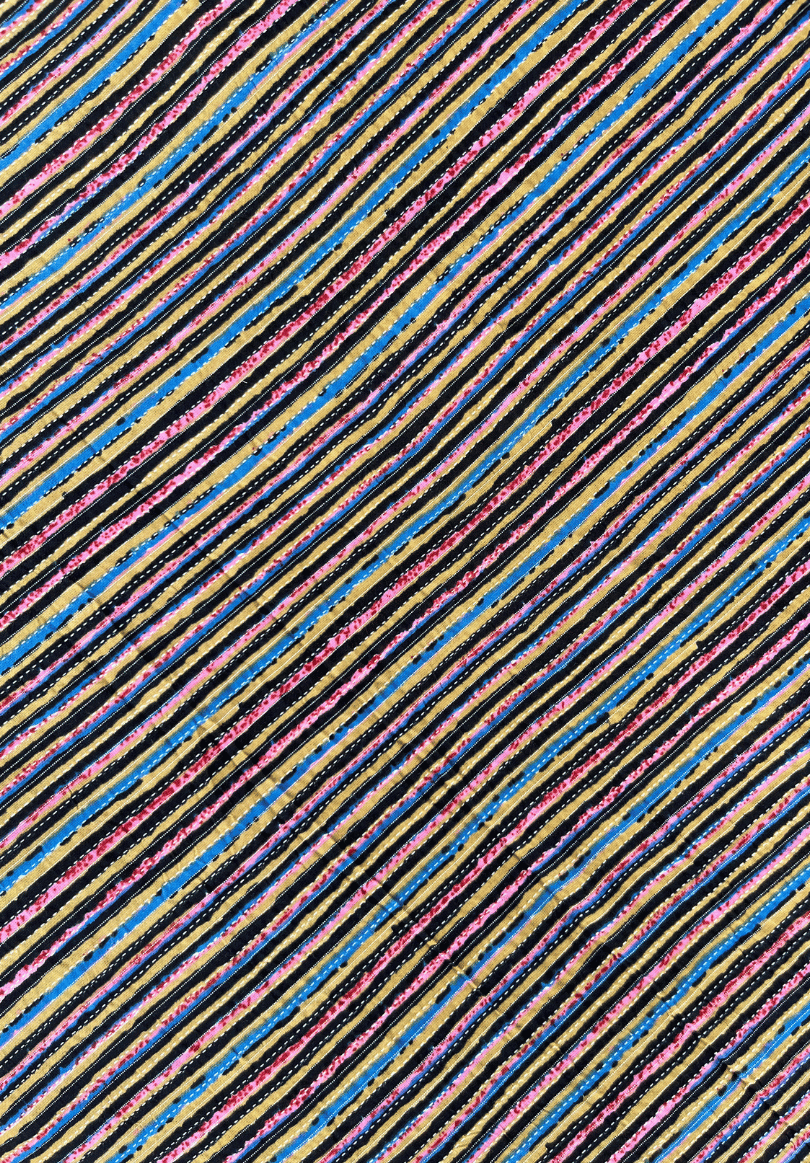 Multicolor Striped Kantha Cotton Fabric with Screen Print