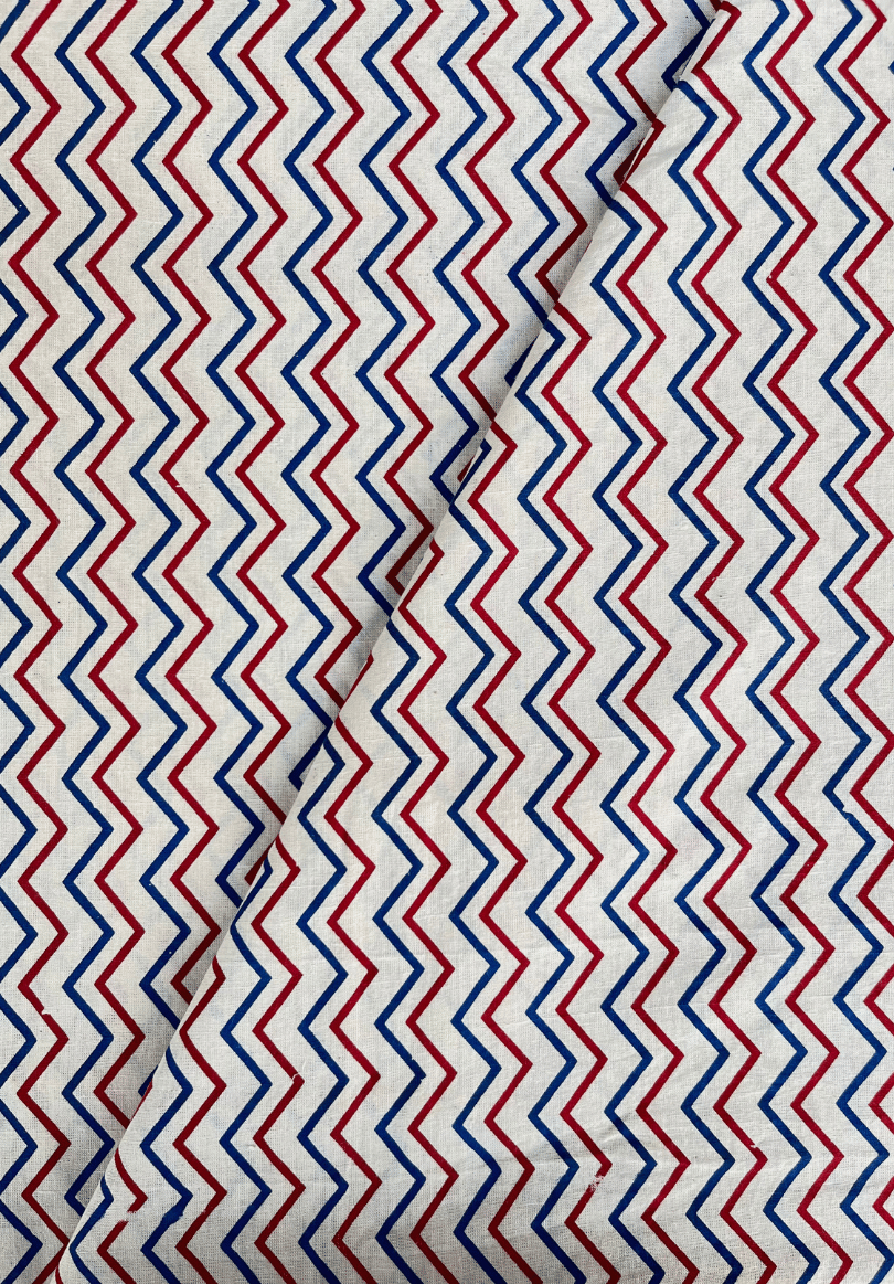 Hand-Block Printed Cotton Fabric | Red & Blue Zigzag Geometric Textile