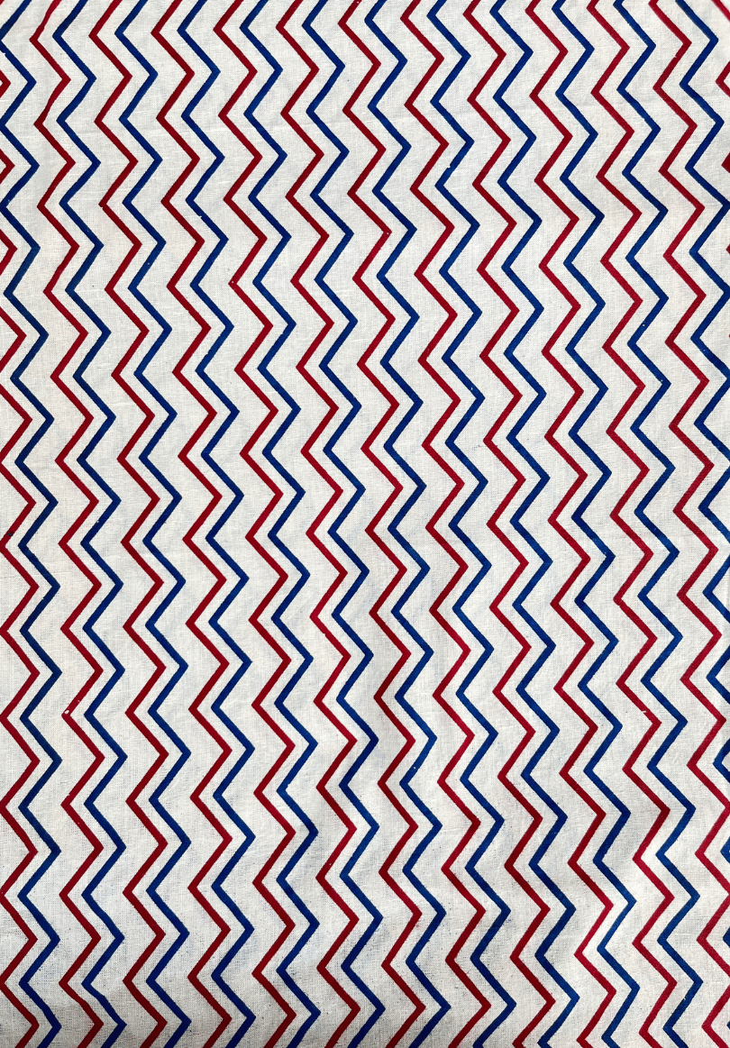 Hand-Block Printed Cotton Fabric | Red & Blue Zigzag Geometric Textile