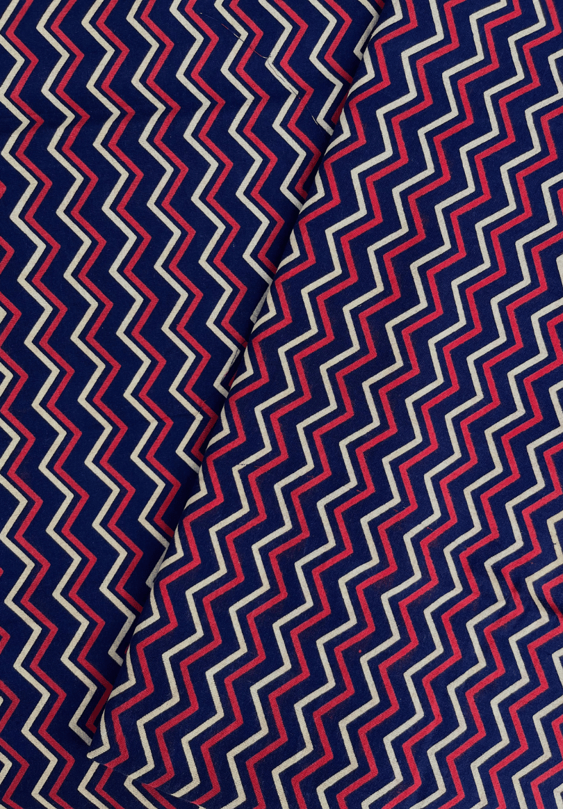 Hand-Block Printed Cotton Fabric | Navy Blue Zigzag Design