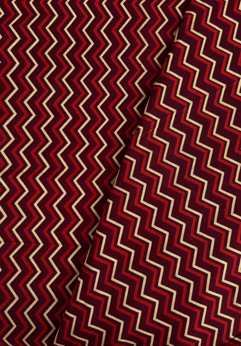 Hand-Block Printed Cotton Fabric | Maroon & Red Zigzag Design