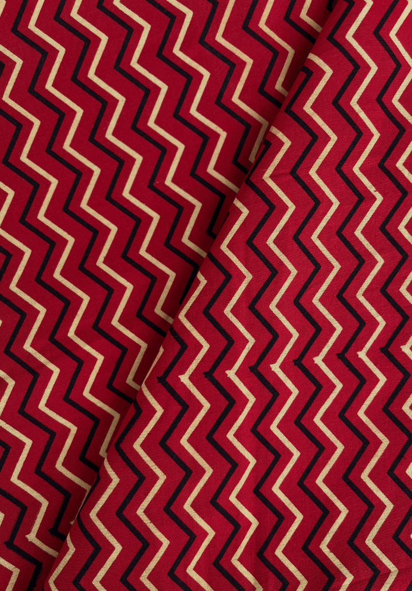Hand-Block Printed Cotton Fabric | Red & Black Chevron Zigzag Pattern
