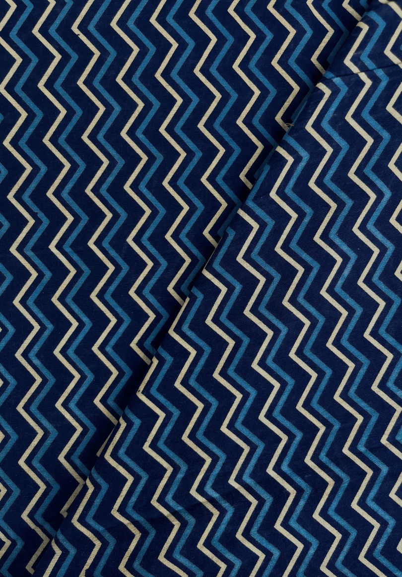 Hand-Block Printed Cotton Fabric | Blue & White Chevron Zigzag Pattern