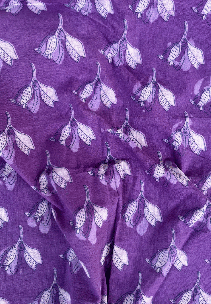 Handmade Dabu Floral Print Fabric | Purple Indigo Cotton Textile