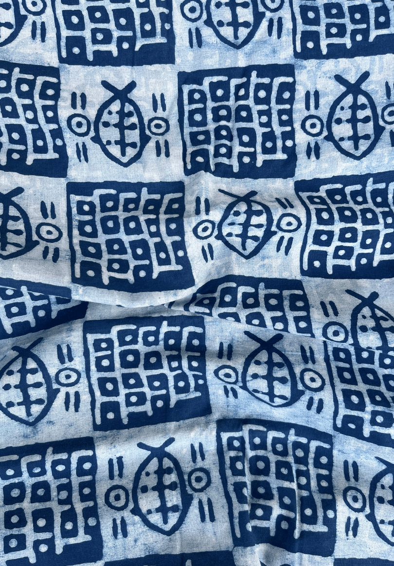 Deep Blue & Ice Blue Dabu Hand Block Print Fabric | Pure Cotton Textile