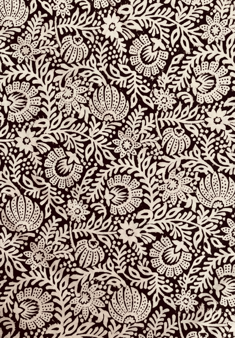 Intricate Hand-Block Printed Fabric – Black & White Floral Pattern