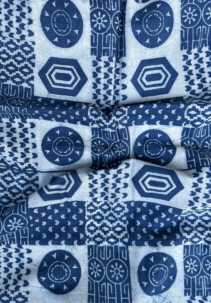 Deep Blue & Light Blue Dabu Hand Block Print Fabric | Pure Cotton Textile