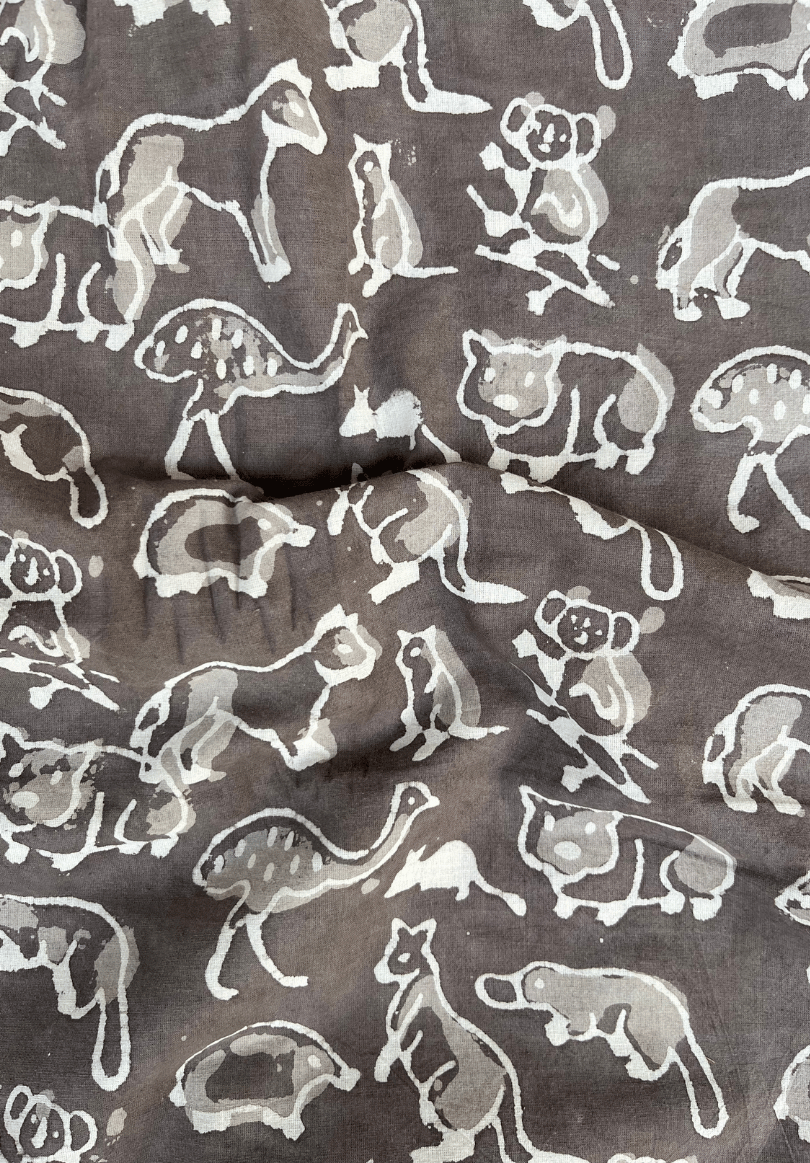 Koala & Kangaroo Animal Dabu Print Cotton Fabric | Rustic Brown Hand-Printed Textile