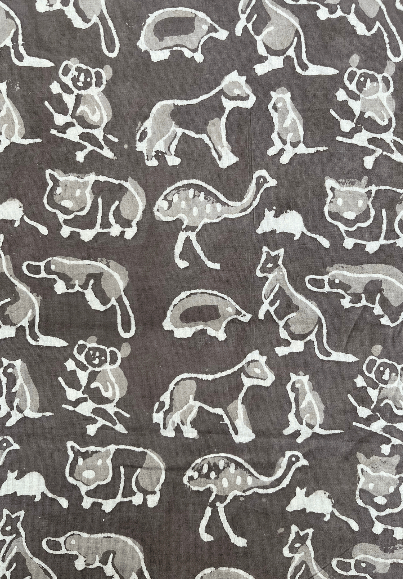 Koala & Kangaroo Animal Dabu Print Cotton Fabric | Rustic Brown Hand-Printed Textile