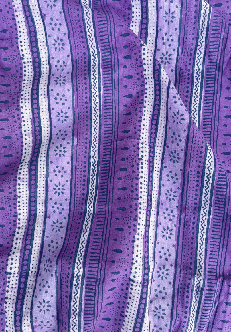 Traditional Dabu Block Print Fabric | Purple & Blue Striped Design