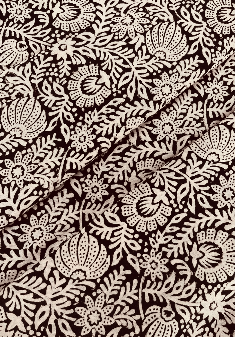 Intricate Hand-Block Printed Fabric – Black & White Floral Pattern