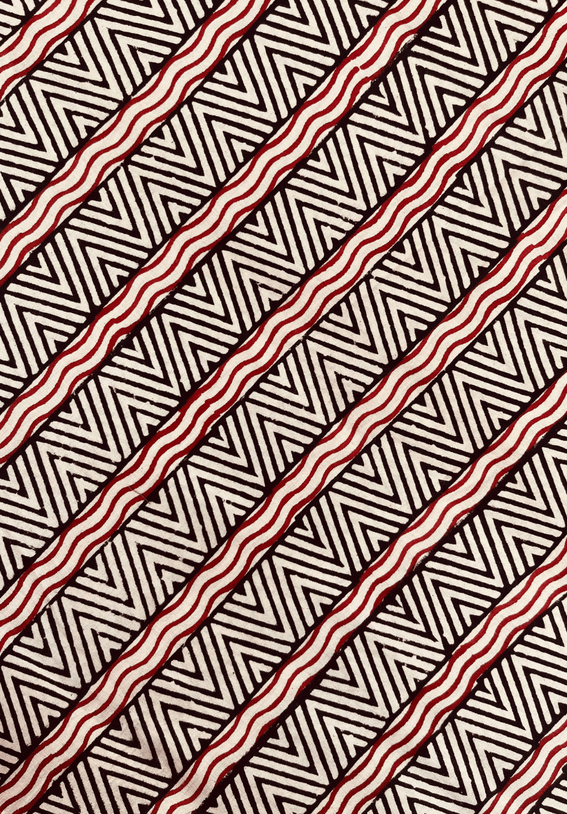 Modern Ethnic Fabric with Striped Triangle Motif in Monochrome & Red
