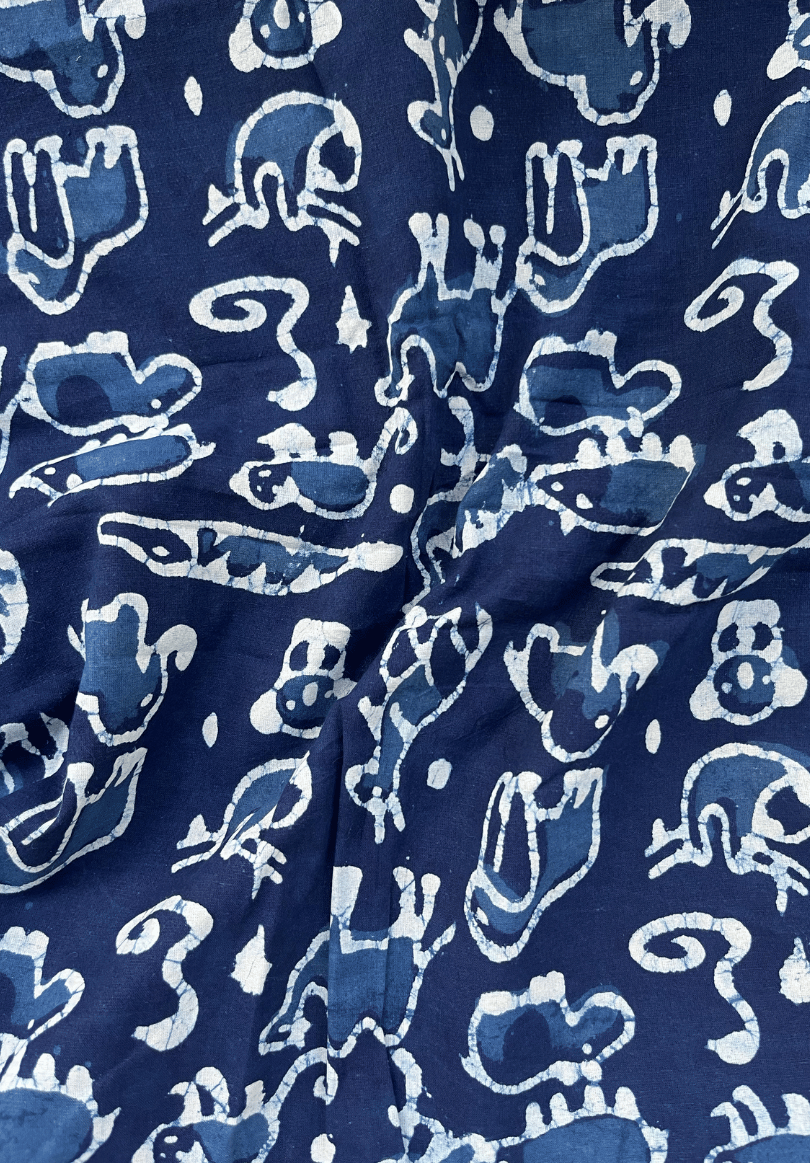 Traditional Dabu Hand Block Print Fabric | Playful Animal Motif Indigo Fabric