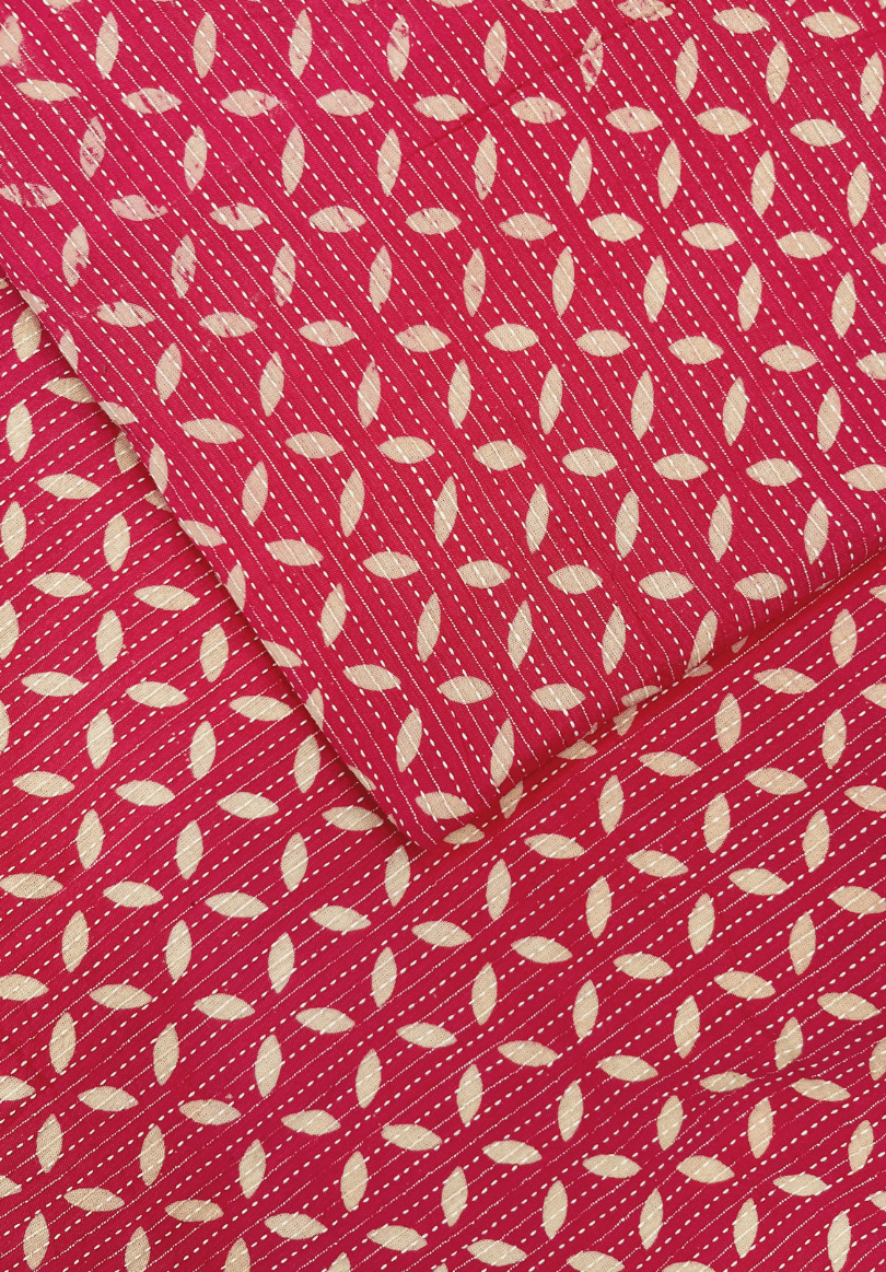 Pink Kantha Stitch Fabric with Leaf Pattern