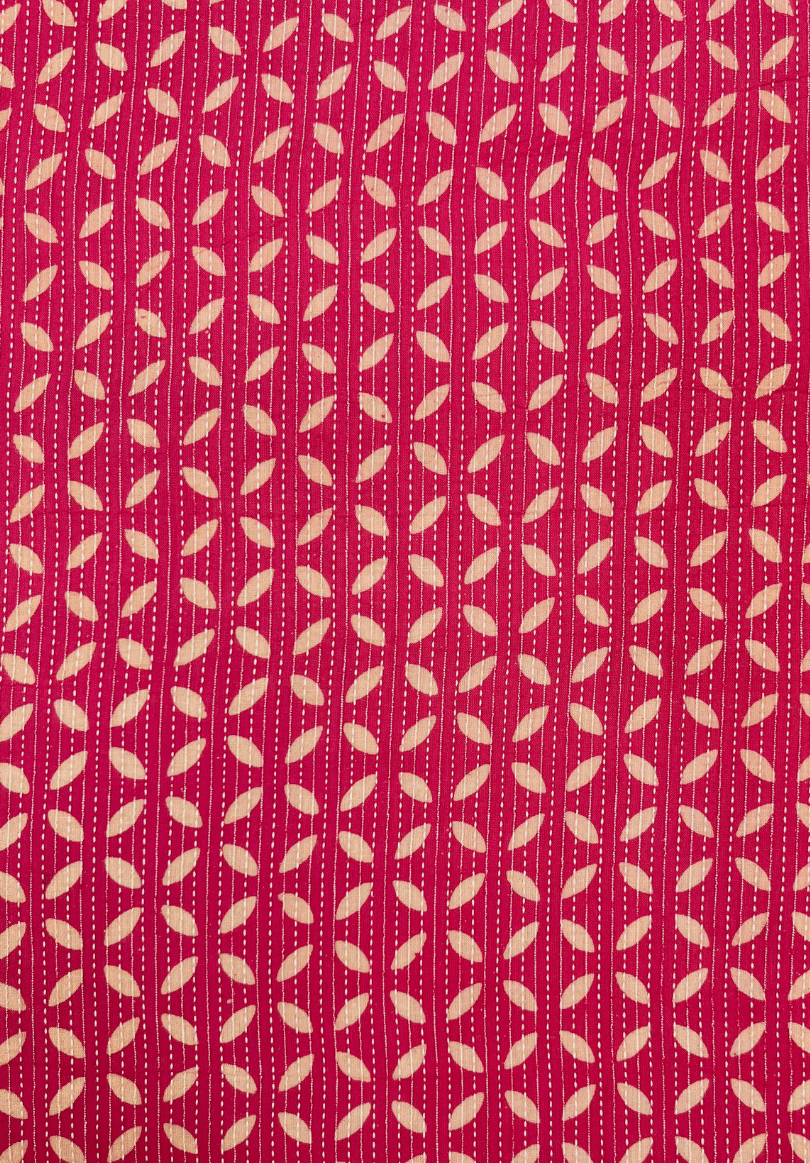 Pink Kantha Stitch Fabric with Leaf Pattern