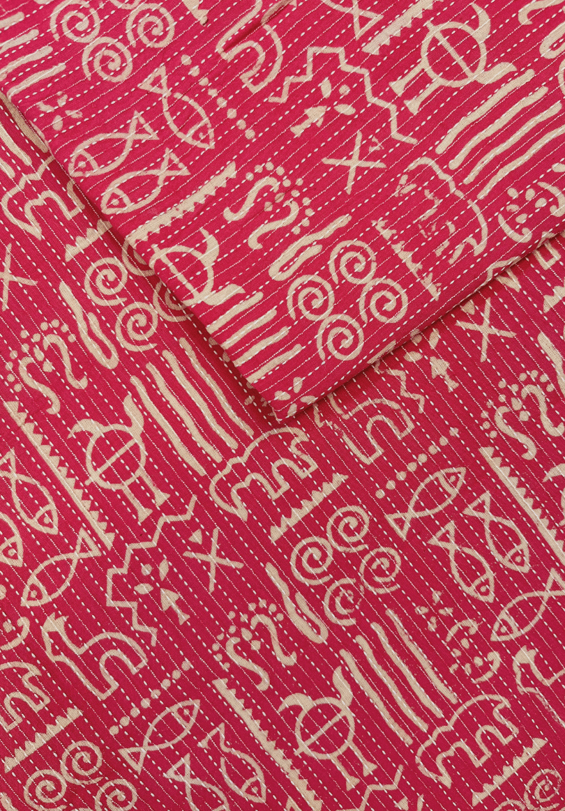 Pink Kantha Stitch Tribal Fabric with Symbolic Patterns