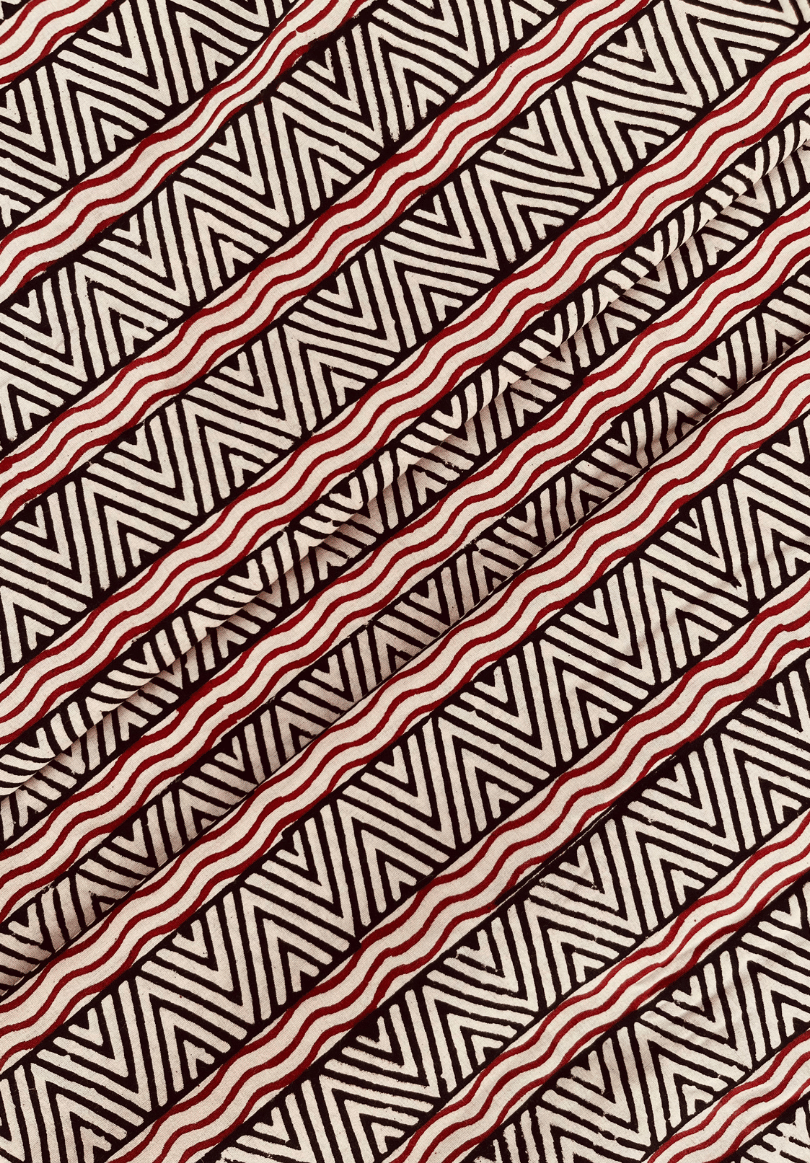 Modern Ethnic Fabric with Striped Triangle Motif in Monochrome & Red