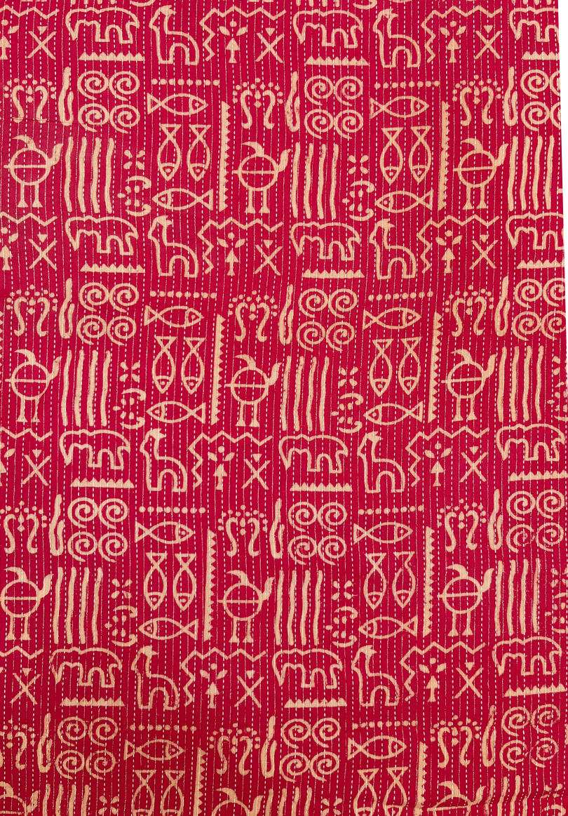 Pink Kantha Stitch Tribal Fabric with Symbolic Patterns