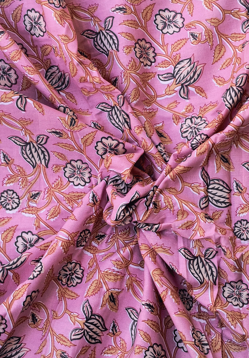 Vanaspati Print Cotton Fabric – Soft Pink with Floral Hand Block Design