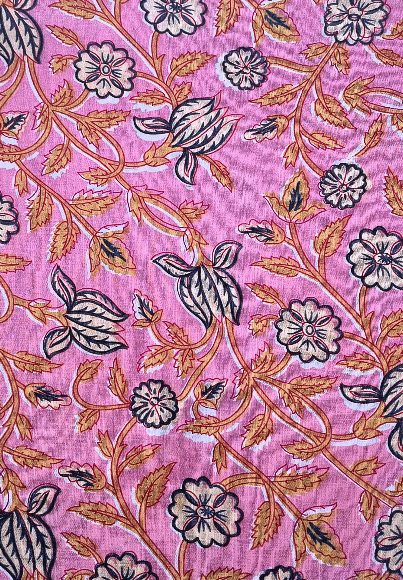 Vanaspati Print Cotton Fabric – Soft Pink with Floral Hand Block Design